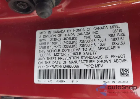 2018 Honda Cr-V Ex-L/Ex-L Navi z USA, uszkodzony, nr VIN 2HKRW2H83JH668066